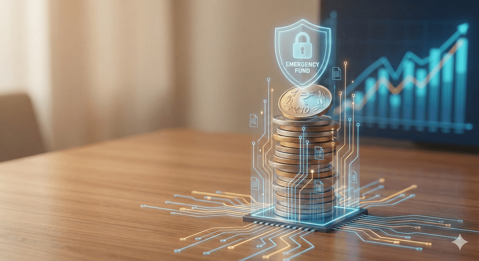Growing stack of rupee coins representing an automated emergency fund